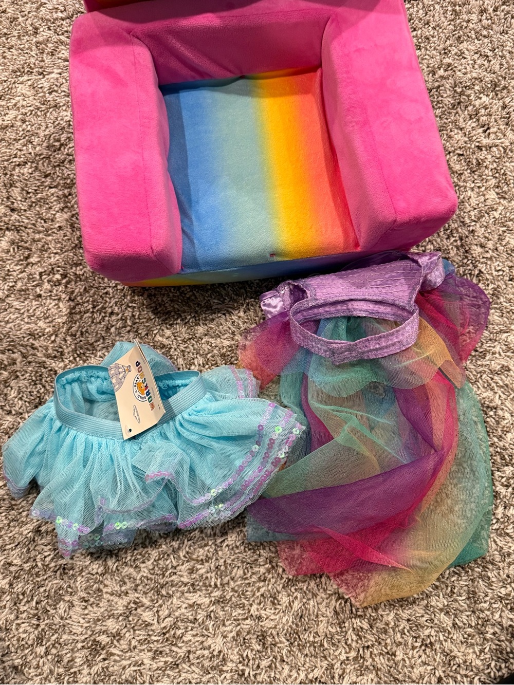 Build-A-Bear Pink Rainbow Plush Chair with Aqua Tulle Skirt and Multicolor Tutu